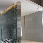 narrow metal wall panel in hess tower