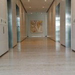 stainless steel baseboards and elevator frames in lobby
